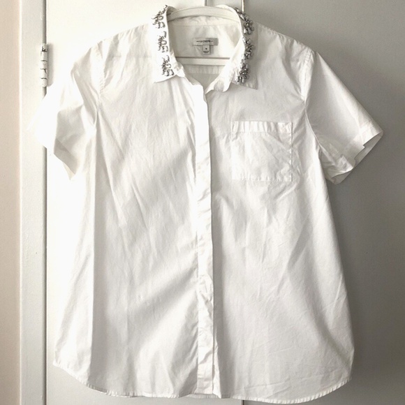 J. Crew White Jewelled Collar Blouse Stretch Shirt, Size 16, Embellished - Picture 1 of 10